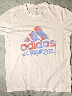 adidas White Tee with Blue & Orange Graphic Trefoil